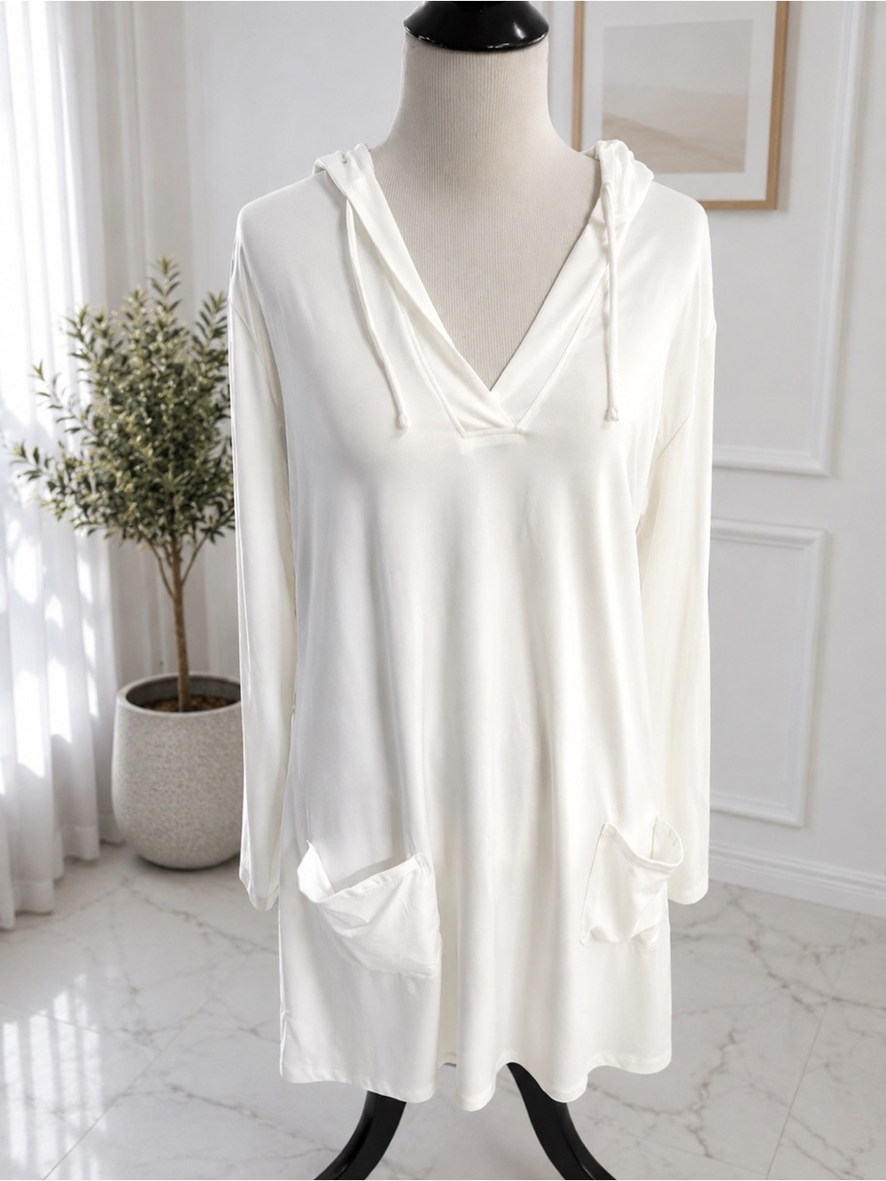 COOLIBAR Women's L Catalina Beach Cover-Up Dress White UPF 50+ Hooded Pockets V - Picture 3 of 6